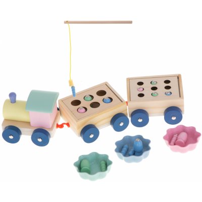 Montessori dřevěný vláček s magnetickým lovením červíků a rybiček