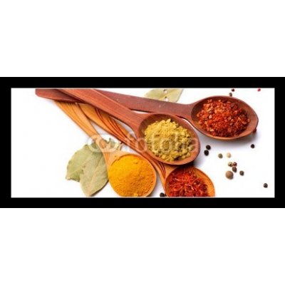Obraz 1D panorama - 120 x 50 cm - Spices and herbs. Curry, saffron, turmeric, cinnamon over white Koření a byliny. Kari, šafrán, kurkuma, skořice přes bílou