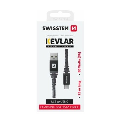 Swissten 71541010 KEVLAR datový USB-C, 1,5m, šedý – Zbozi.Blesk.cz