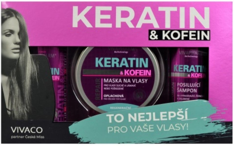 Vivaco Keratin & kofein šampon 200 ml + balzám 200 ml + maska 200 ml dárková sada