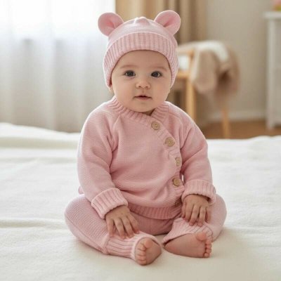 Kojenecká rostoucí 3D pletená souprava růžová – Sleviste.cz