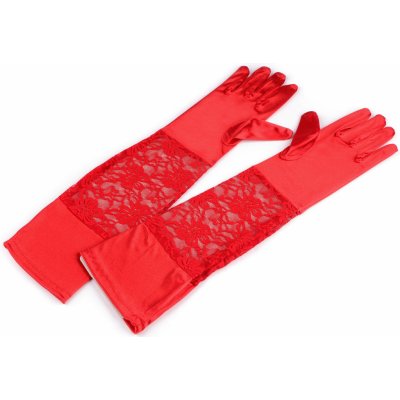 Dlouhé společenské rukavice saténové s krajkou velké červená – Zboží Dáma
