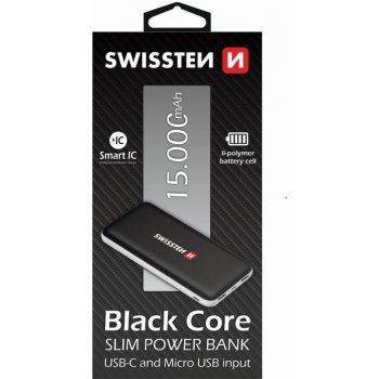 Swissten BLACK CORE SLIM POWER BANK 15000 mAh USB-C INPUT