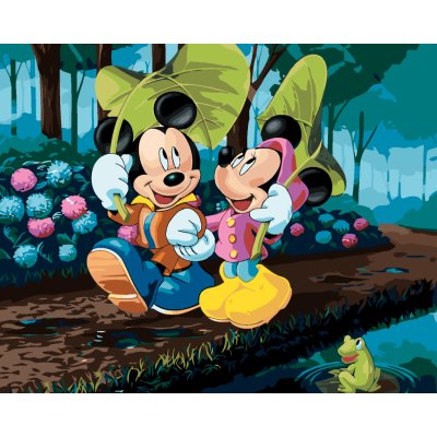 ZUTY Malování podle čísel MICKEY MOUSE A MINNIE S DEŠTNÍKY Z LISTŮ Rozměr 40 x 50 cm Rámování bez rámu a bez vypnutí plátna – Zboží Mobilmania