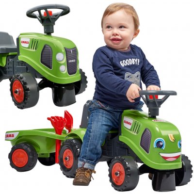 Falk Traktor Baby Claas s volantem klaksonem přívěsem hráběmi a lopatou – Zboží Mobilmania