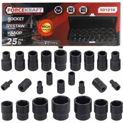 FORCEKRAFT Sada nástrčných hlavic rázových 1/2" a 1/4" 4-32mm 6-hranné 25ks v kufříku – Zboží Dáma