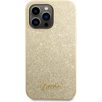 Pouzdro Guess PC/TPU Glitter Flakes Metal Logo iPhone 14 Pro zlaté