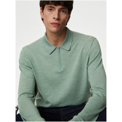 Marks & Spencer pletená polokošile z čisté extra jemné vlny Merino zelená – Zboží Mobilmania