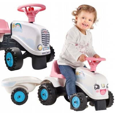 FALK TRAKTOR RAINBOW BÍLO RŮŽOVÝ S VOLANTEM A VLEČKOU – Sleviste.cz