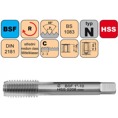 NÁSTROJE CZ Závitník sadový BSF 1/2"-16 III střední HSS DIN 2181 - CZZ0208-BSF-1/2"-16-III – Hledejceny.cz