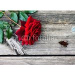 WEBLUX 90974590 Fototapeta plátno Red rose and butterfly on an old wooden table Červená růže a motýl na starém dřevěném stole rozměry 160 x 116 cm – Zbozi.Blesk.cz