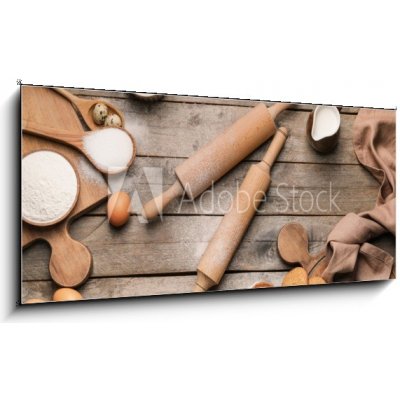 Skleněný obraz 1D panorama - 120 x 50 cm - Ingredients for cookies and rolling pins on wooden background Ingredience pro sušenky a válečky na dřevěné pozadí – Hledejceny.cz