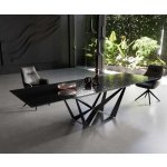 DELIFE Jídelní stůl Edge 200-300 x 100 Reliéfní sklo kouřově černá 3D design podnož plochá ocelová černá rozkládací – Zboží Mobilmania