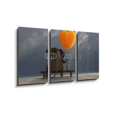 Obraz 3D třídílný - 90 x 50 cm - elephant and dog holding a heart shaped balloon slon a pes drží balón ve tvaru srdce – Zboží Mobilmania
