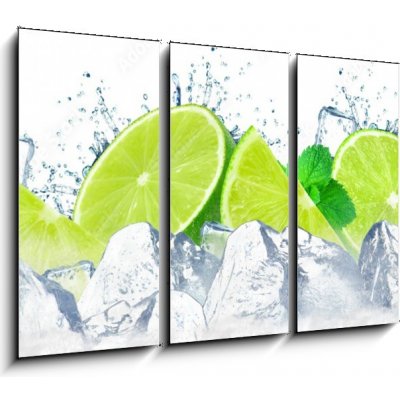 Obraz 3D třídílný - 105 x 70 cm - lime water splash and ice cubes isolated on the white stříkající voda z vápna a kostky ledu izolované na bílém – Zboží Mobilmania