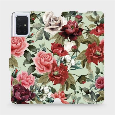 Pouzdro Mobiwear parádní flip Samsung Galaxy A71 - MD06P Růže a květy na světle zeleném pozadí – Zboží Mobilmania