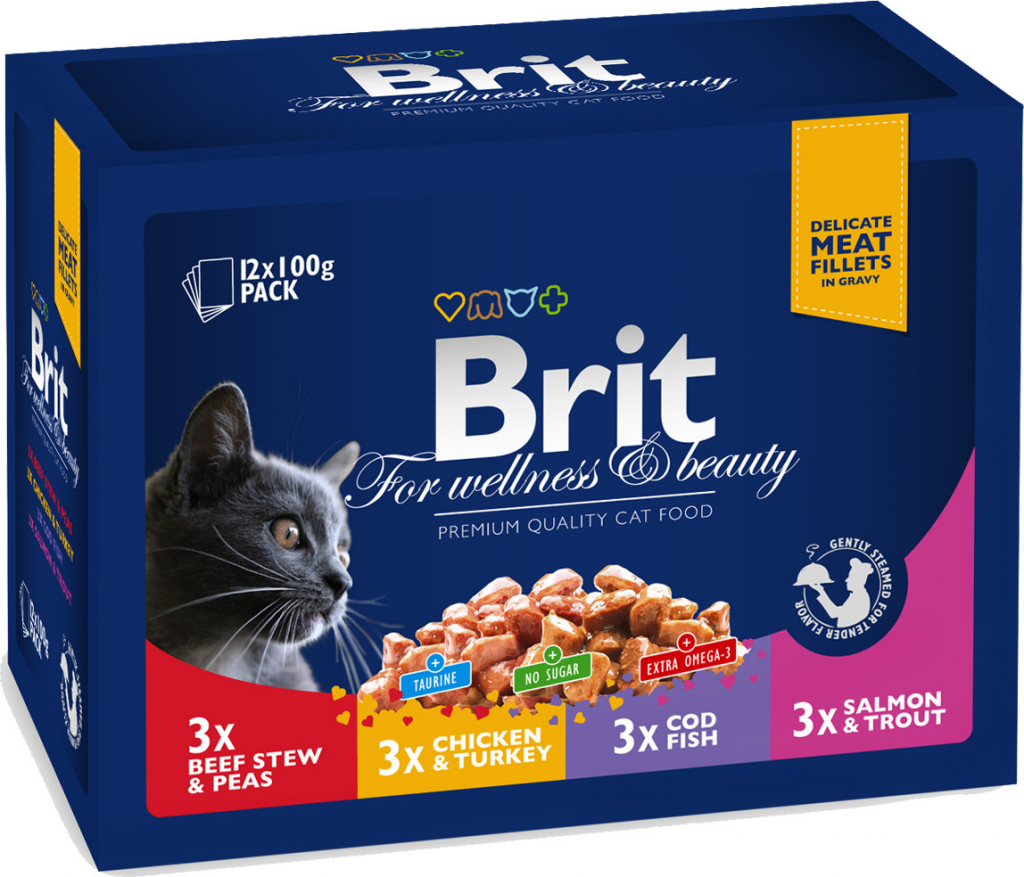 Brit Premium Cat pro psy MASOVÝ a RYBÍ MIX kuře hovězí treska pstruh 4 x 3 ks 10,2 kg