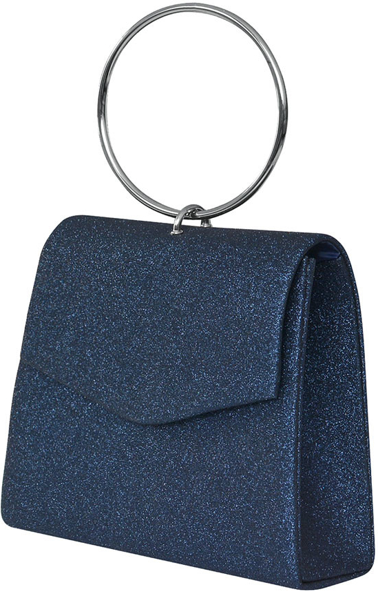 Tmavě modrá třpytivá společenská kabelka s kovovou ručkou