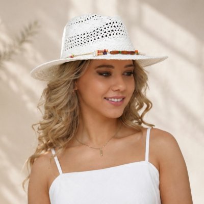 Krumlovanka letní slaměný klobouk Fedora zdobený korálky P-12317B bílý – Sleviste.cz