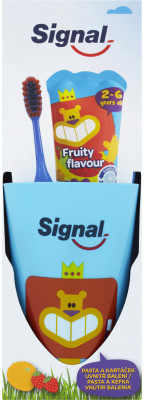Signal Fruity dětská zubní pasta 50 ml + zubní kartáček měkký + kelímek dárková sada