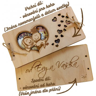 Dekorace z Česka Svatební dřevěné přání na bankovky - motiv 4 Nápis: Věnování od koho na spodní díl + vlastní jména PLATBA PŘEDEM! – Zboží Mobilmania