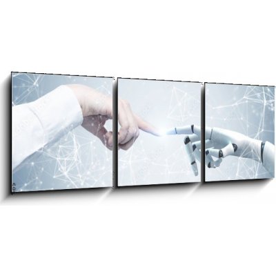 Obraz 3D třídílný - 150 x 50 cm - Human and robot hands reaching out, network Lidské a robotické ruce natahující ruku, síť – Hledejceny.cz