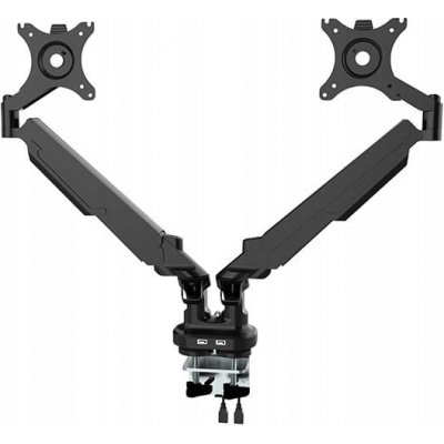 Polohovatelný držák pro 2 monitory, 2-9 Kg, svorka a průchodka stolu, 17"-32", USB HUB, 75x75/100x100, černý – Sleviste.cz