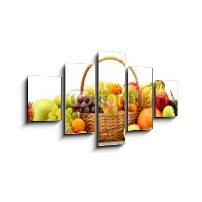 Obraz 5D pětidílný - 125 x 70 cm - Assortment of exotic fruits in basket isolated on white Sortiment exotických ovoce v koši izolovaných na bílém