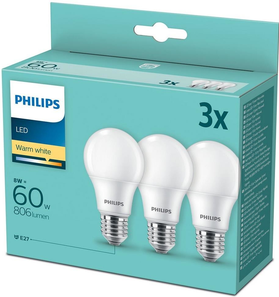 Philips LED žárovka E27 8W 2700K 230V A60 SET3ks P775490