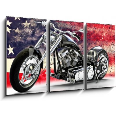 Obraz 3D třídílný - 90 x 50 cm - Custom black motorcycle with American flag background with dispersion effects. Made in America concept. 3d rendering Vlastní černý motoc – Hledejceny.cz