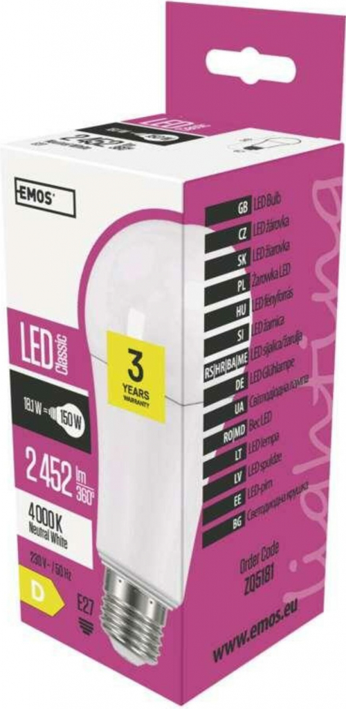 Emos LED žárovka Classic A67 20W E27 neutrální bílá