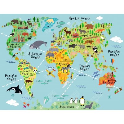 Magnetická mapa Světa, dětská, zvířata (samolepící feretická fólie) 85 x 66 cm – Zboží Mobilmania