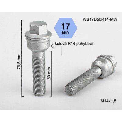 Kolový šroub M14x1,5x50 koule R14 pohyblivá, klíč 17, WS17D50R14-MW, výška 79,5 mm | Zboží Auto
