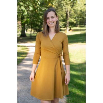 Jsem máma BIO bavlněné kojicí šaty s mašlí Okrové – Zboží Mobilmania