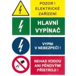 Značení 54 Pozor el.zařízení,hl.vypínač,vypni v nebezpečí,nehas vodou7,5x10,5cm – Hledejceny.cz