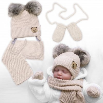 Baby Nellys Dětská sada zimní čepice s šálou rukavičky 3D Teddy Bear béžová – Zboží Mobilmania