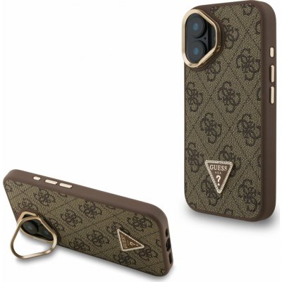 Guess PU 4G Strass Triangle Logo Stand Camera Frame MagSafe pro iPhone 16 Brown – Zboží Mobilmania