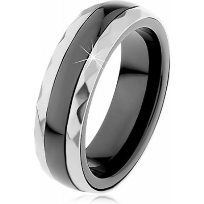 Šperky eshop Keramický prsten černé broušené ocelové pásy ve stříbrném odstínu H1.7 – Zboží Mobilmania