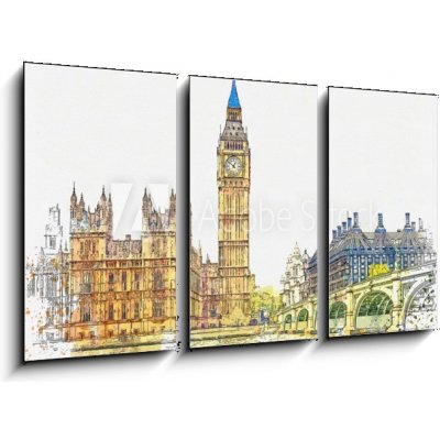 Obraz 3D třídílný - 90 x 50 cm - Watercolor sketch or illustration of a beautiful view of the Big Ben and the Houses of Parliament in London in the UK Akvarel skica nebo – Zboží Mobilmania