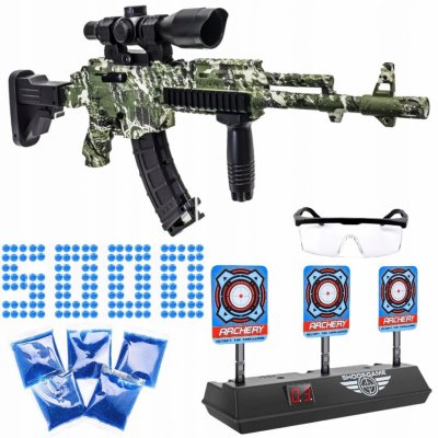 Export Automatická puška s gelovými kuličkami zelená moro 717 + brýle + elektronický terč – Sleviste.cz