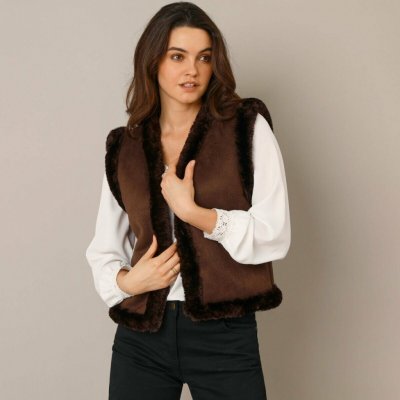 Vesta z imitace semiše a kožešiny čokoládová – Zboží Dáma