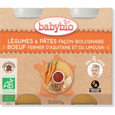 Babybio Zelenina s těstovinami na boloňský způsob s hovězím masem 2 x 200 g – Zboží Mobilmania