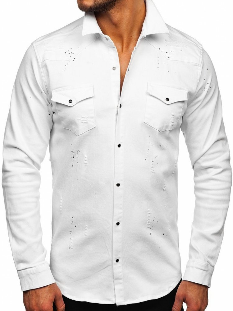 Bolf R803 Bílá pánská džínová košile s dlouhým rukávem | Srovnanicen.cz