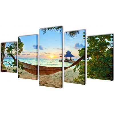 Set tištěných obrazů na plátně pláž s houpací sítí 200×100 cm 241563