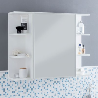 FineBuy Nástěnná skříňka FB51815 Bílá 80x64,5x20cm Dřevotřísková zrcadlová skříňka Moderní, Designová koupelnová polička Dřevo Volně plovoucí, Skříňka se zrcadlem, Nástěnná skříňka