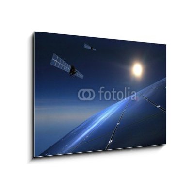 Obraz 1D - 100 x 70 cm - Solarzellen mit Satelliten im Hintergrund Solární články se satelity v pozadí – Zboží Mobilmania