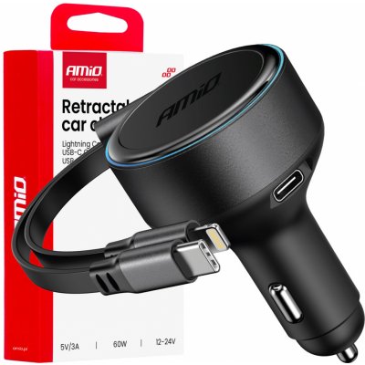 Nabíječka do auta výsuvná C kabel + lightning kabel + USB C port 12/24V 60W AMiO-04370 – Hledejceny.cz
