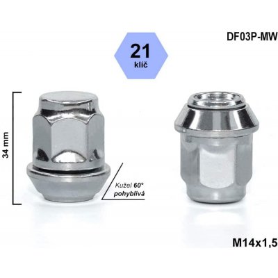 Kolová matice M14x1,5 kužel pohyblivá, klíč 21, DF03P-MW uzavřená, výška 35 mm | Zboží Auto