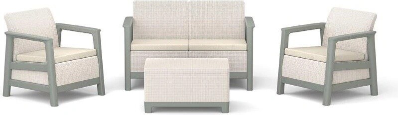 Keter Scandi set dvousedadlová pohovka + 2 křesla + úložný stůl béžovo šedý 264036