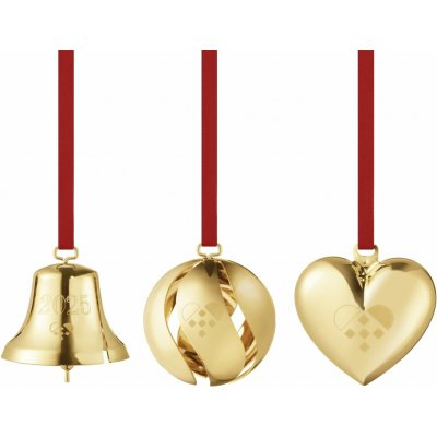 Georg Jensen Vánoční sada 3 pozlacených ozdob 2025 Bell Ball Heart sběratelská edice, stříbrná barva – Hledejceny.cz